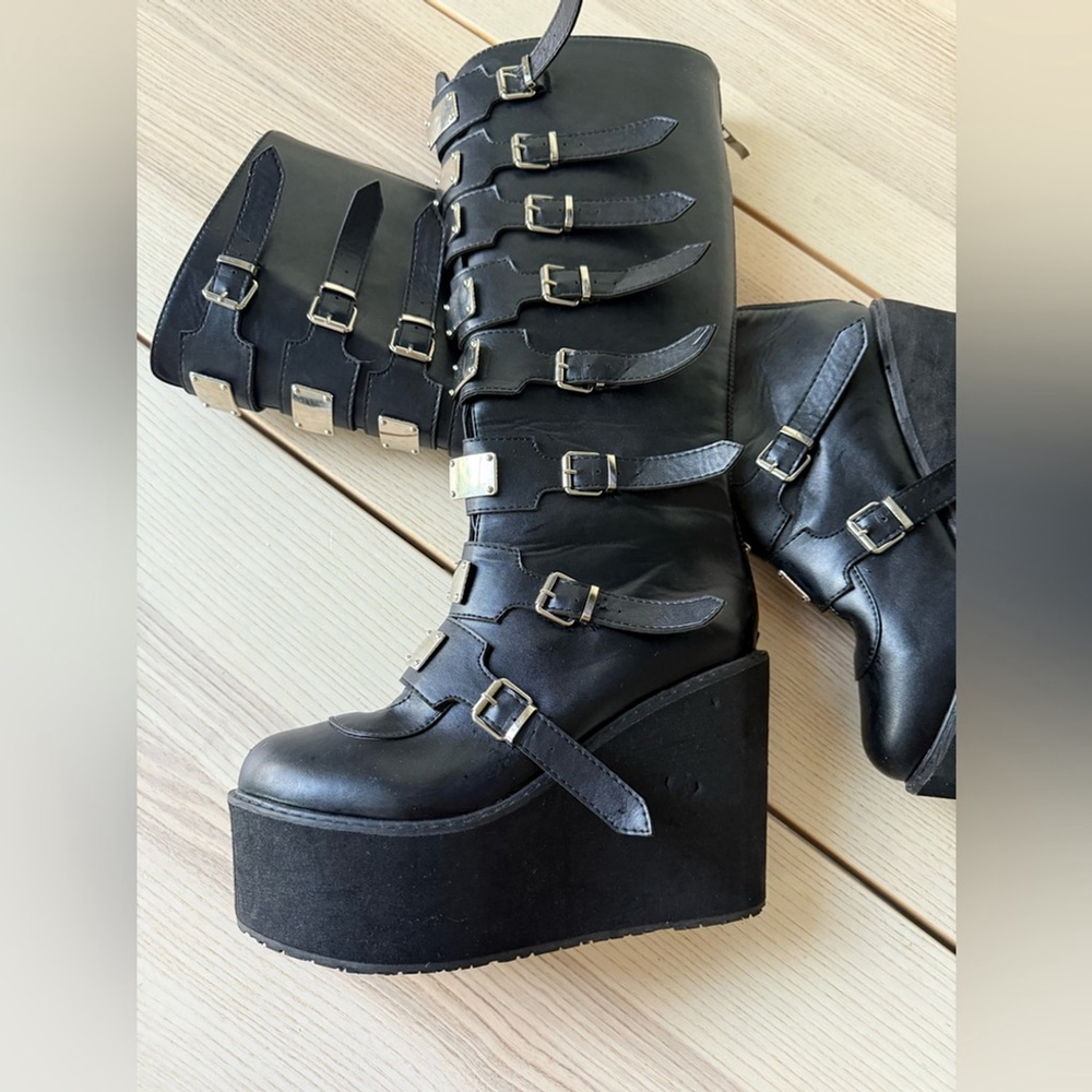 Swing adam knee boots metalic Black Multi-Buckle Platform women mid calf size 9 - Picture 3 of 8